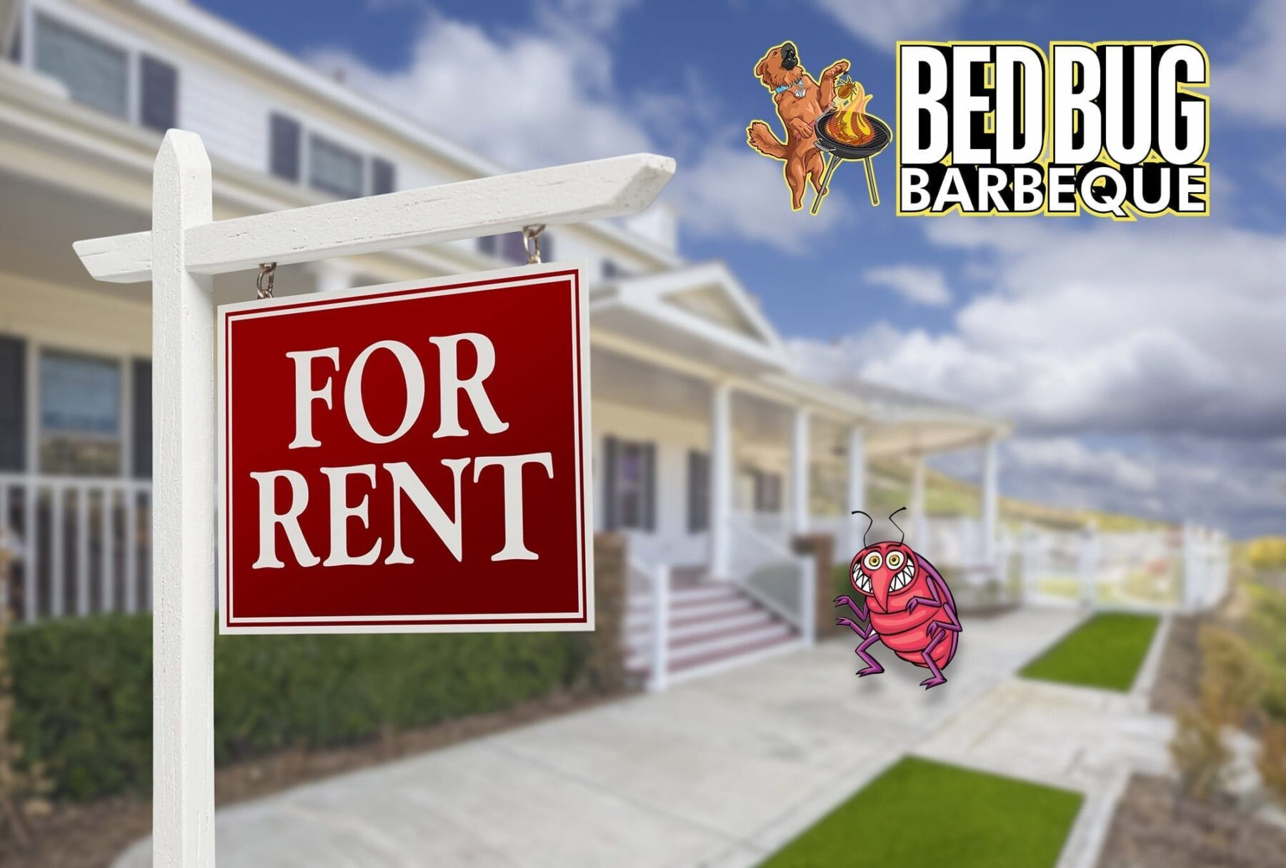 Bed bug cartoon next to for rent sign