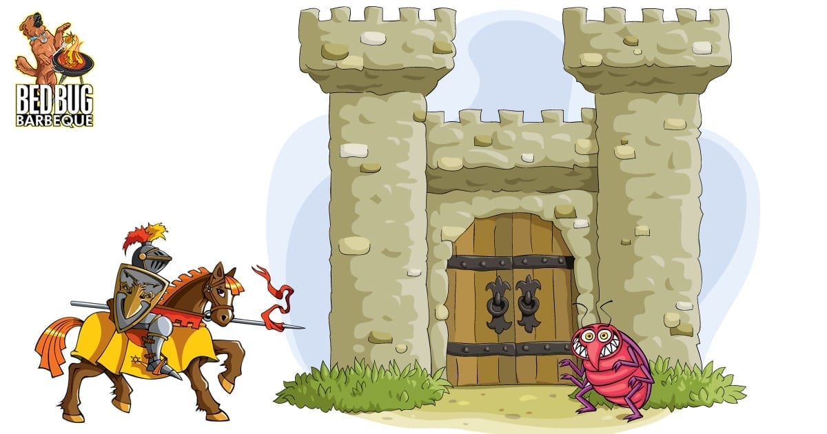 Bed Bug BBQ cartoon of knight and castle defending bed bug
