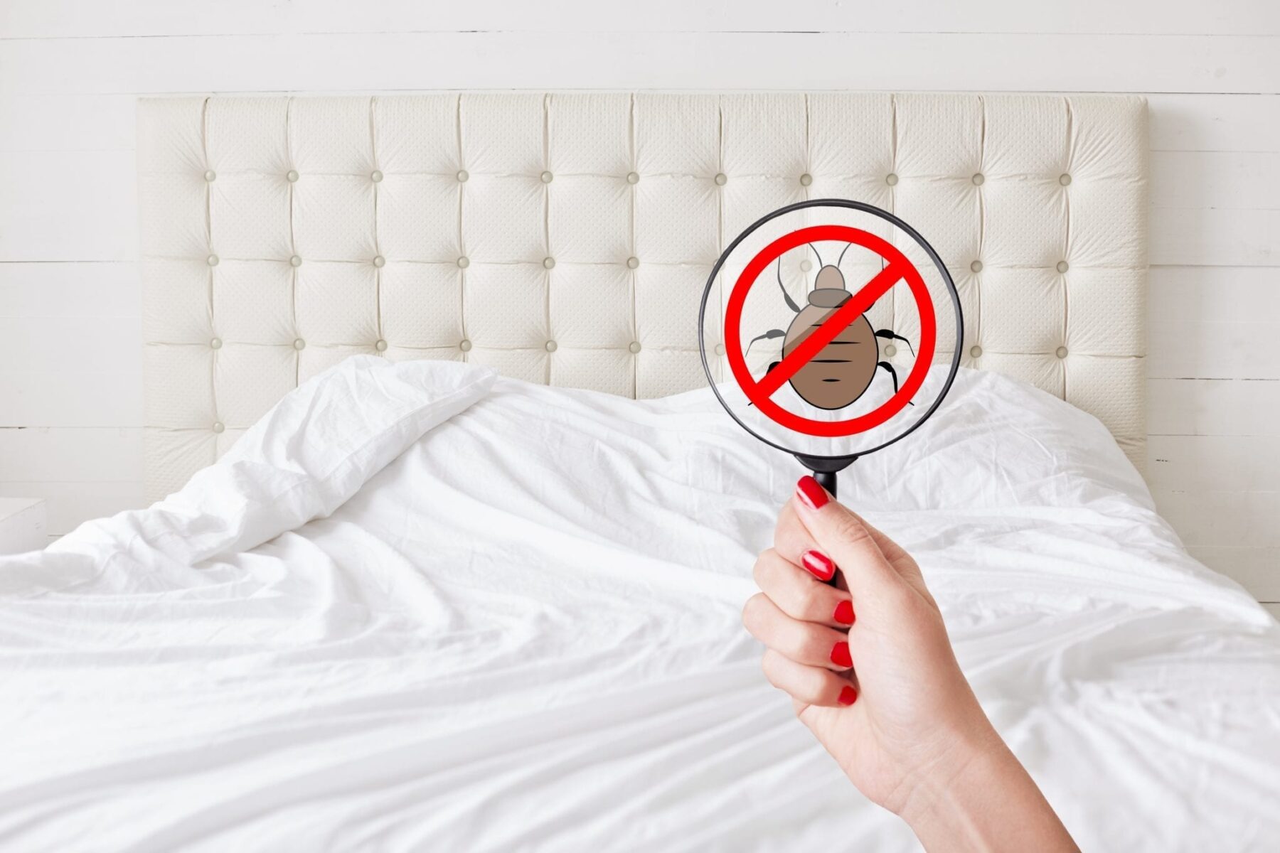 Magnifying glass over bed with red crossed out circle over bed bug cartoon