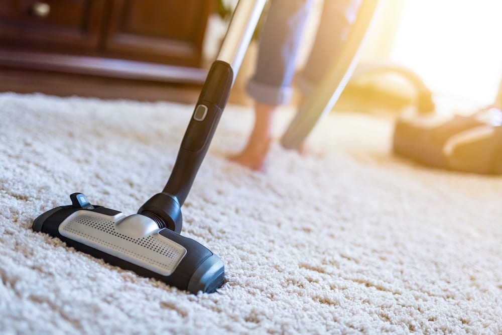 A woman eliminating bed bugs by vacuuming the carpet.