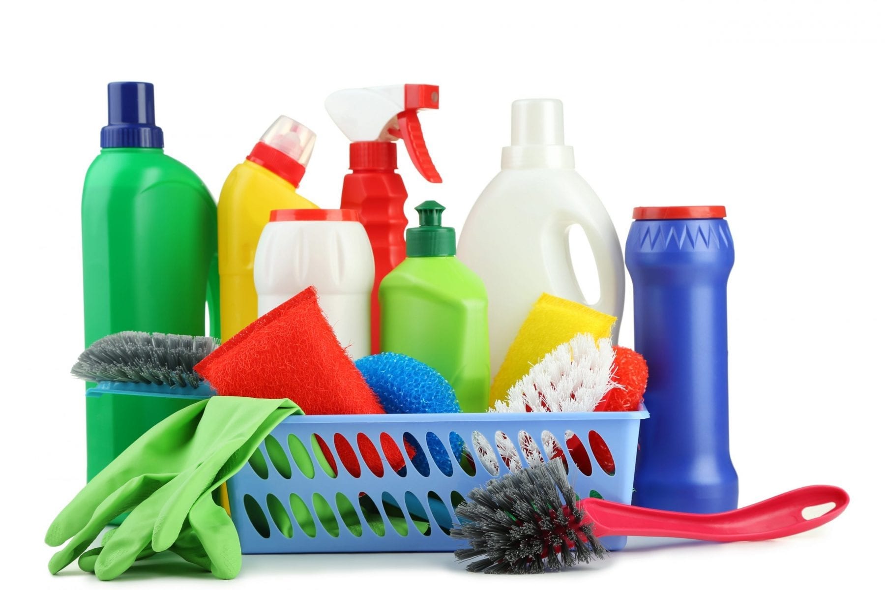 Bottles with detergent and cleaning tools on white background
