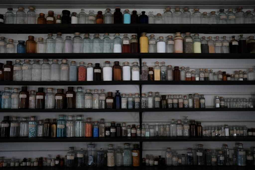 Multiple rows of medicine on wall
