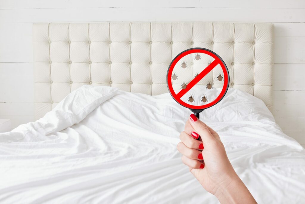 Female hand holding up magnifying glass over hotel bed with illustrated stop sign over bed bug cartoons.