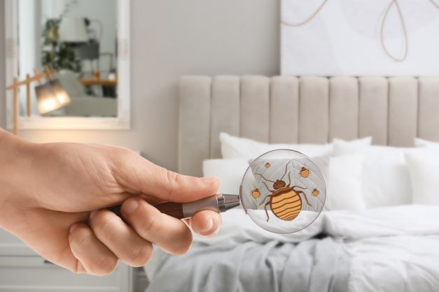 Hand holding magnifying glass in front of bed with bed bug icon in lens