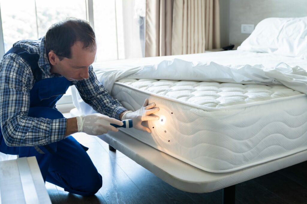 Exterminator kneeling down to expose bed bugs on mattress with flashlight