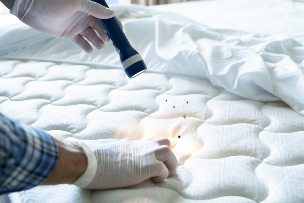 Gloved hand pointing at illustrated bed bugs on mattress under flashlight