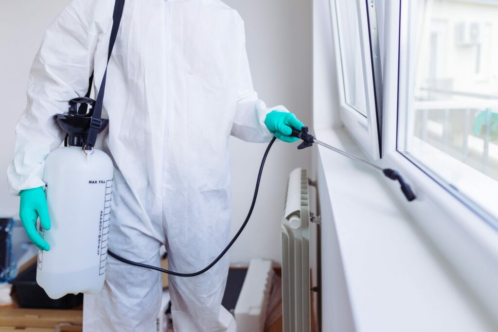 Exterminator In Work Wear Spraying Pesticide With Sprayer