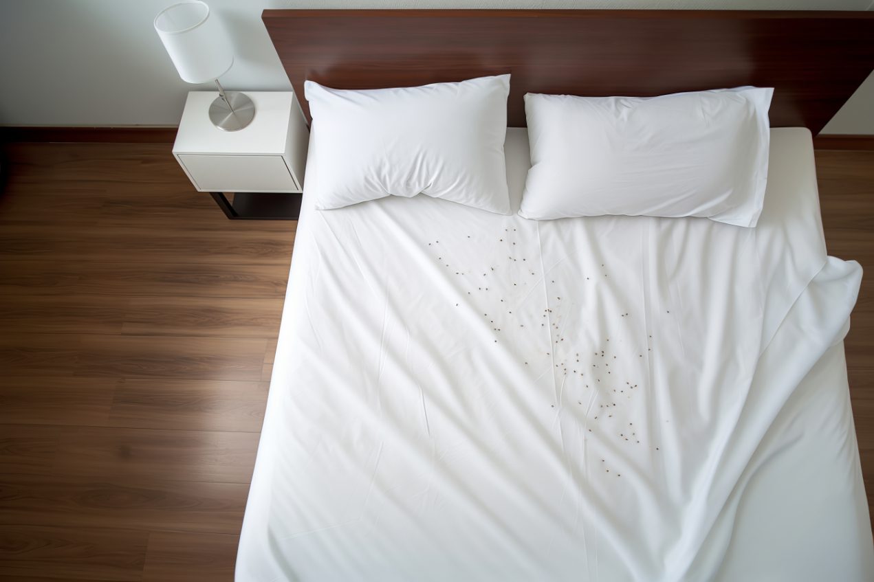 An areal view of a bed with a brown headboard and white bed sheets. The sheets are disheveled with a small army of bed bugs crawling on them.